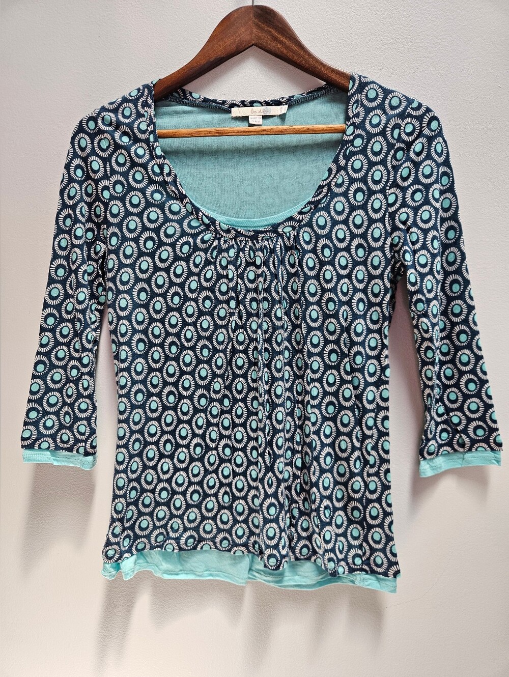 Boden Size 6 Geometric Blue 3/4 Sleeve Scoop-neck Layered Top Circles Pattern